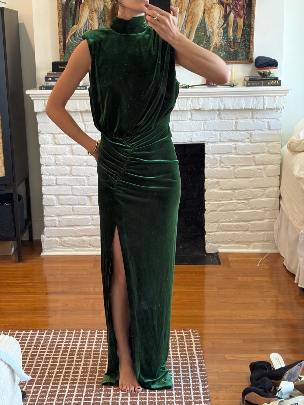 Ronny Kobo Collection Emerald Green Velvet Ruched Maxi Dress with High Neck